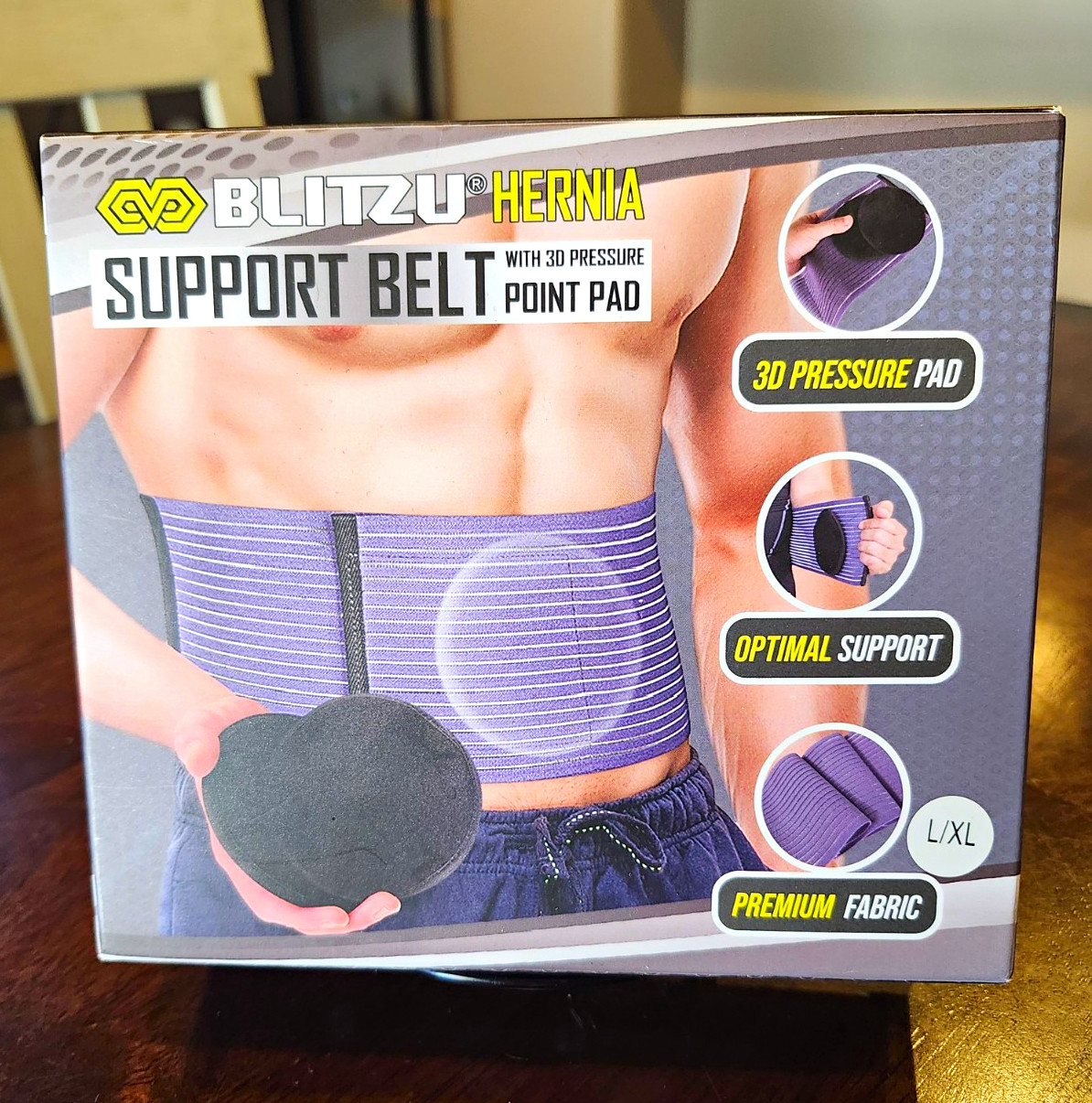 BLITZU Hernia Support Belt L/XL Purple Adjustable Compression w/ 3D Pad