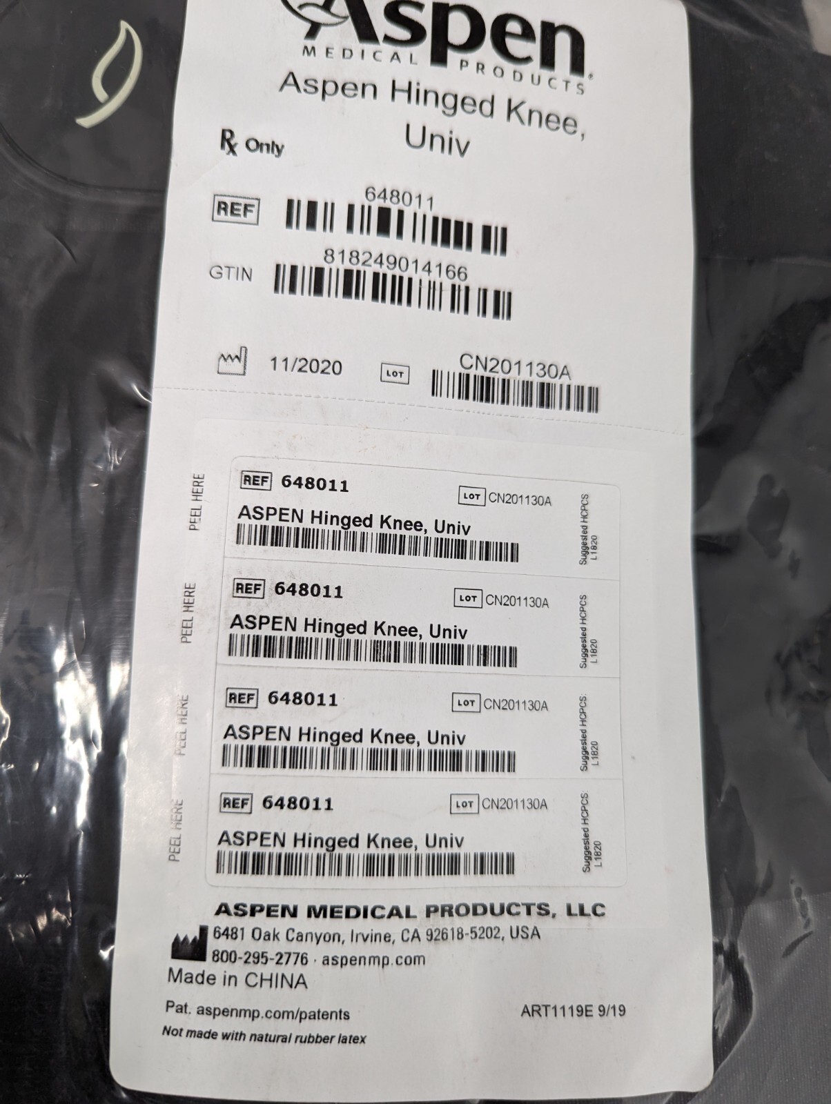 Aspen Knee Brace Hinged Adult Universal Size Black New Sealed in Package