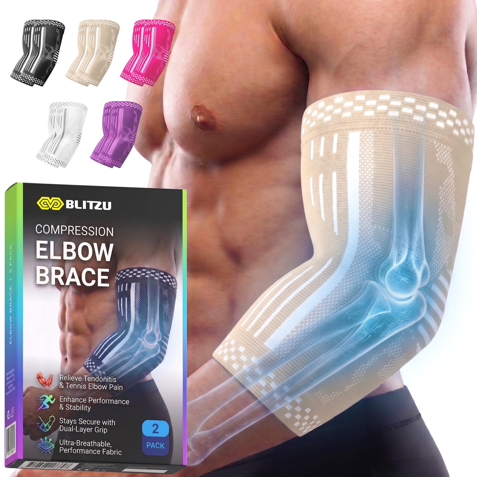 BLITZU Elbow Compression Sleeve for Tendonitis, Tennis Large, Nude