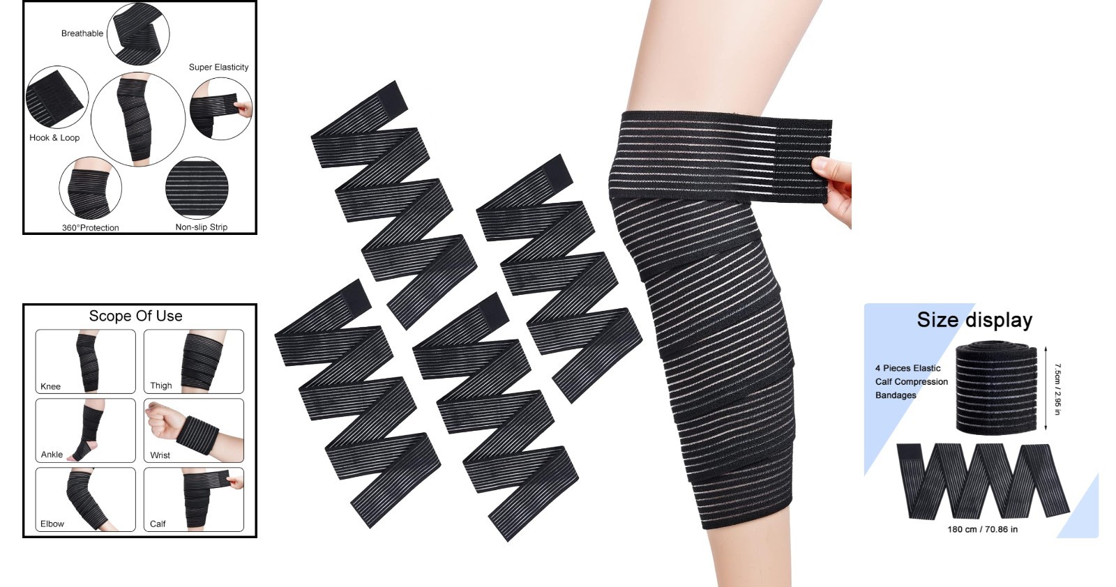 4-Pack Adjustable Black Compression Bandages for Knee Support – Quality