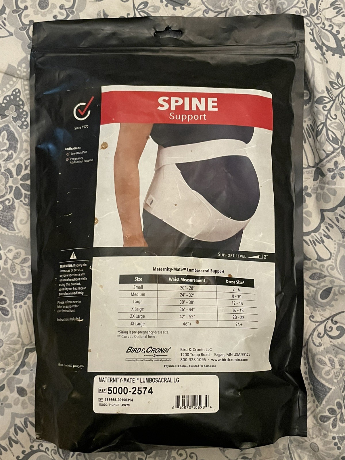 Maternity-Mate Lumbosacral Support Spine Support Size L Physicians Choice