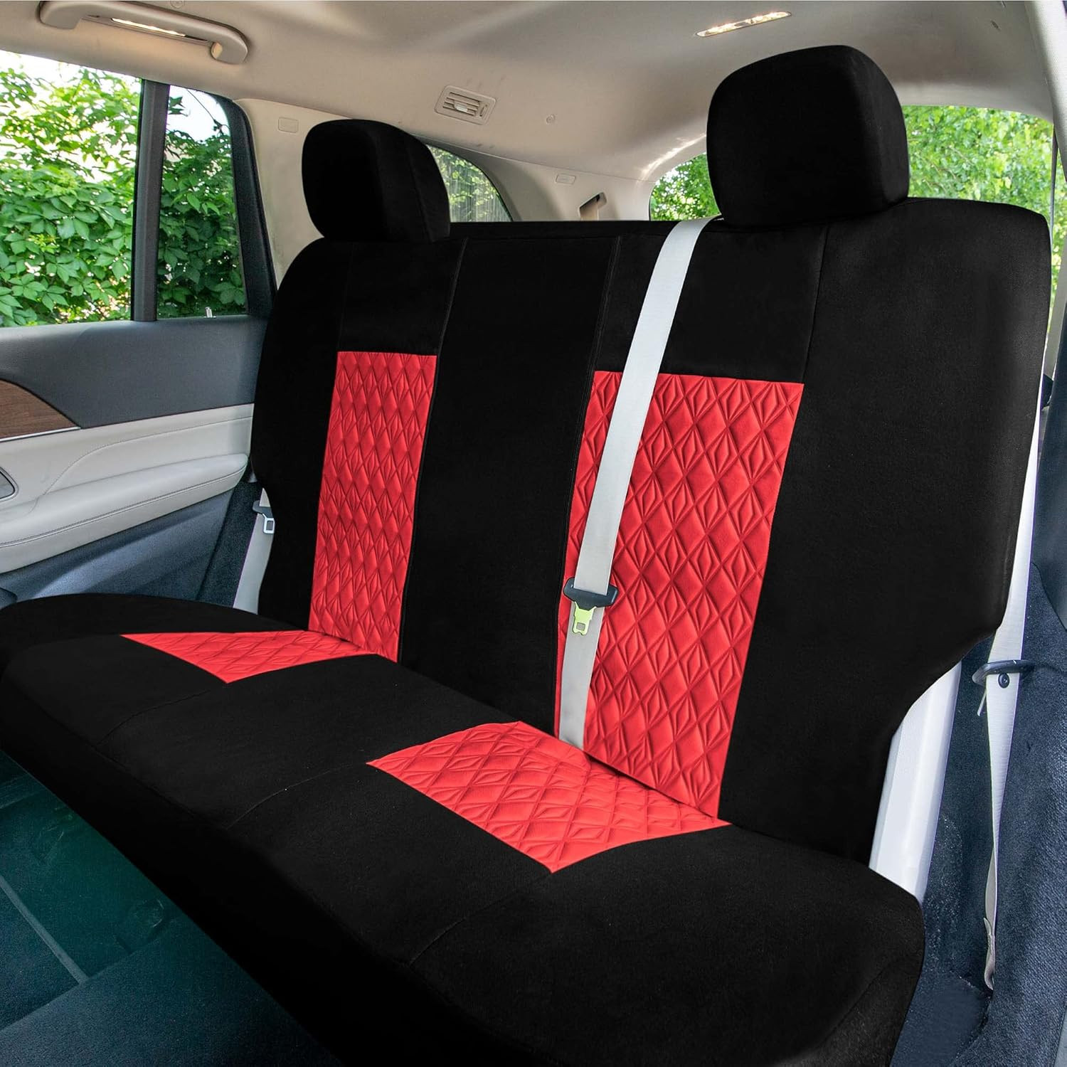 Universal Fit Diamond Stitched Flat Cloth Car Seat Covers Full Set – Red