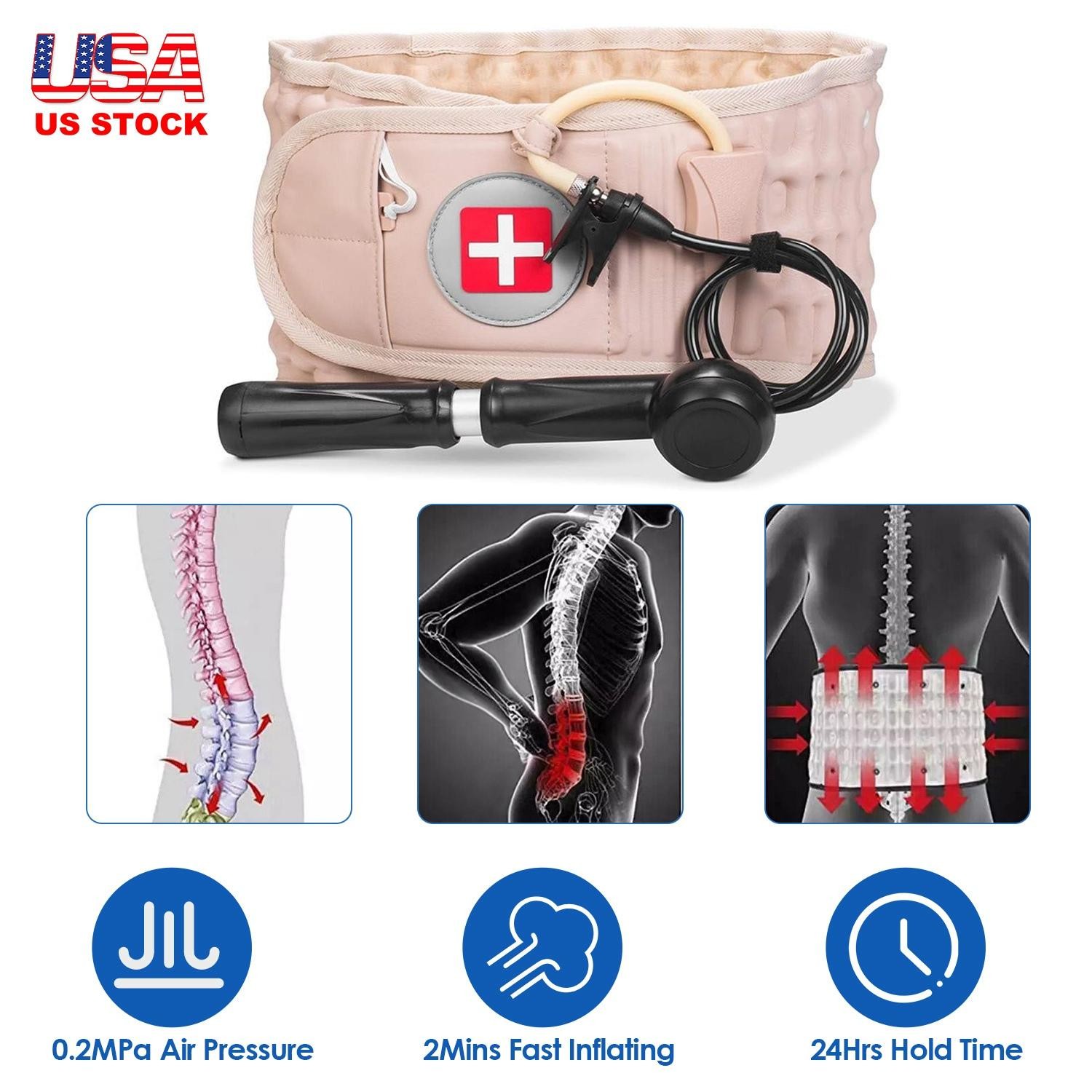 Decompression Back Belt Lumbar Spine Support Lower Air Traction Device w/ Hand