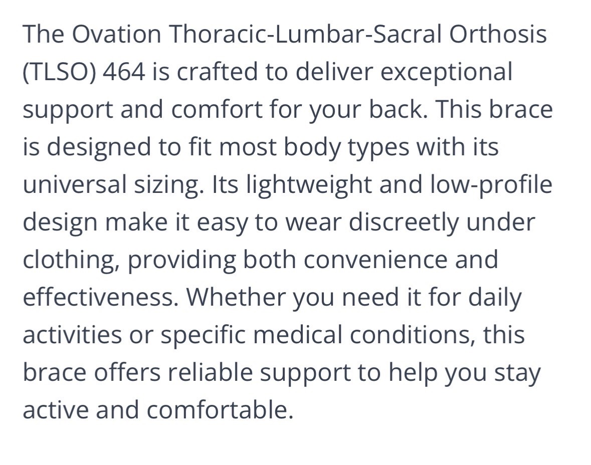 Ovation Universal Sizing Thoracic Lumbar Back Brace -TLSO 464 – NEW – FREE SHIP