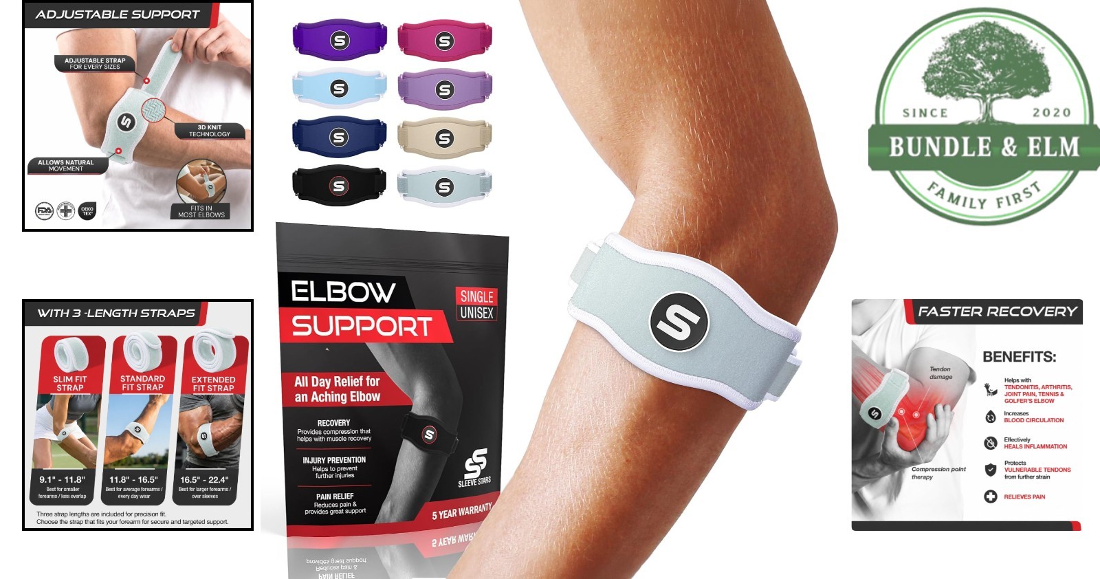 Adjustable Elbow Brace for Tendonitis Relief, Support Wrap for Pain Relief
