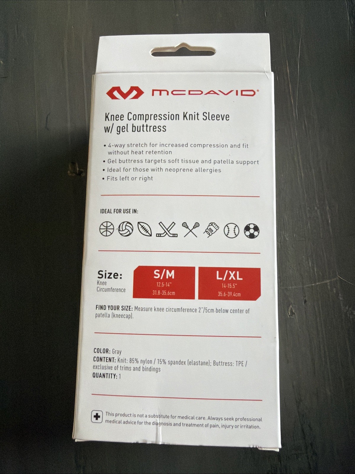 McDavid Knee Compression Knit Sleeve w/ Gel Buttress Support Gray S/M L/XL