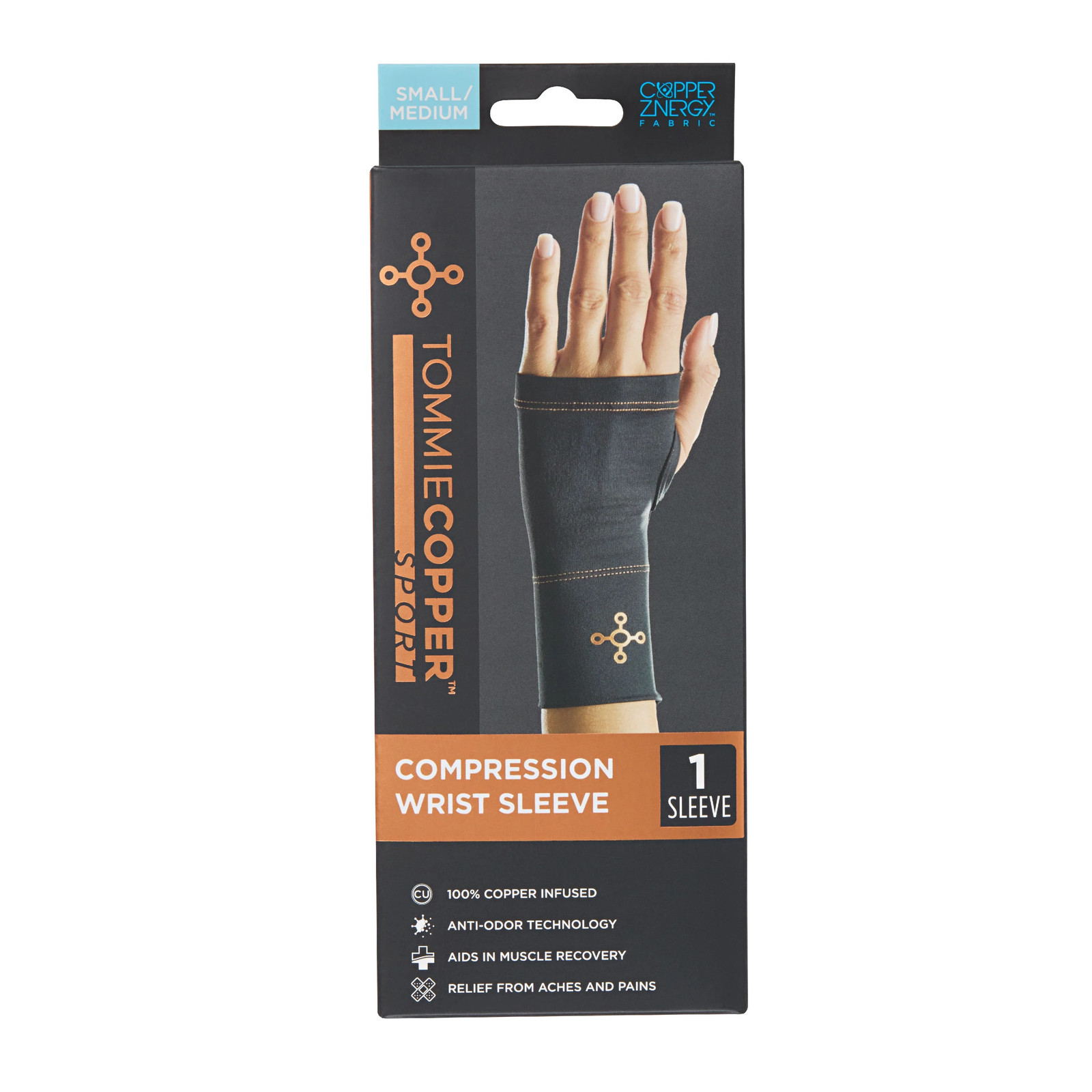 2 pack) Sport Compression Wrist Sleeve, Black, Adult, Small/Medium, Copper and