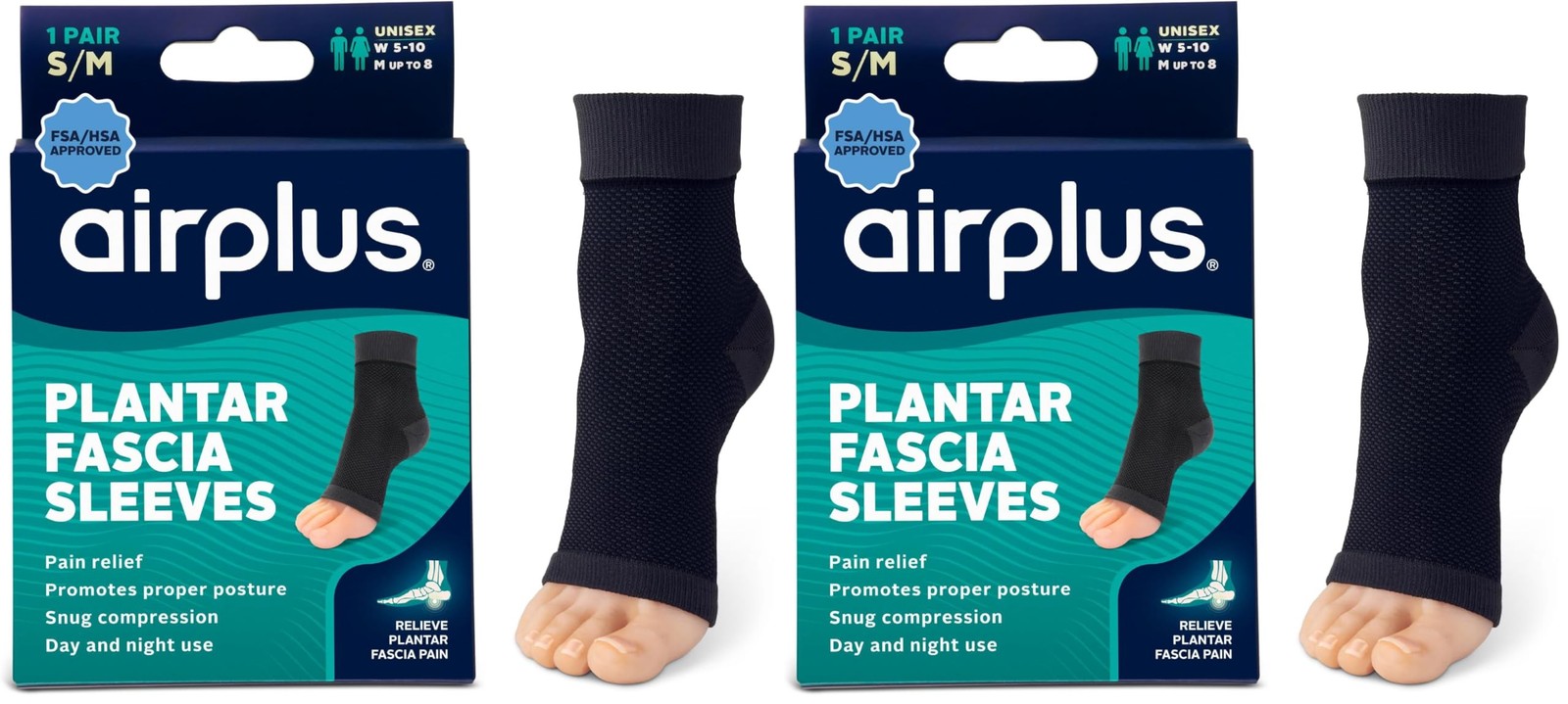 Airplus Plantar Fascia Sleeve Women 5-10, Mens 7-8 (Pack of 2), Black