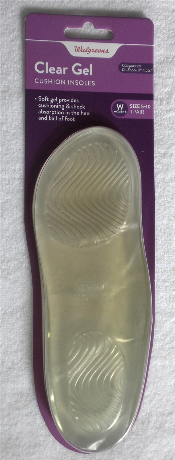 WALGREENS WOMEN’S CLEAR GEL CUSHION SLIM INSOLES SIZE 5-10 One Pair NEW SEALED
