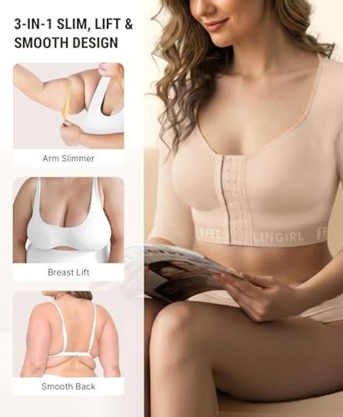 Arm Compression Sleeve Women Post Surgery Arm Shaper Bra | Front Small Khaki