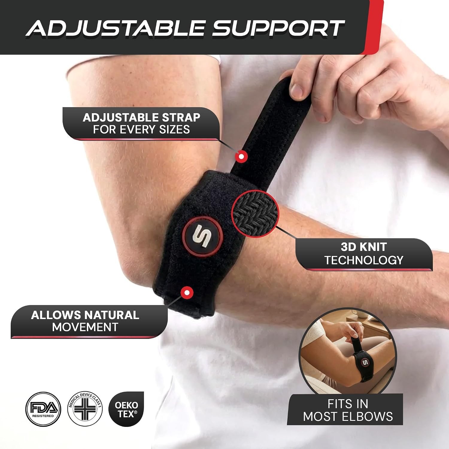 Sleek Black Elbow Brace for Tendonitis and Tennis Elbow Relief Adjustable Fit