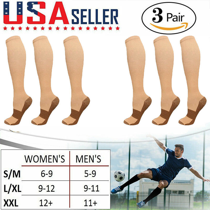 3 Pairs Copper Compression Socks Support Graduated Stockings Men Women 20-30mmHg