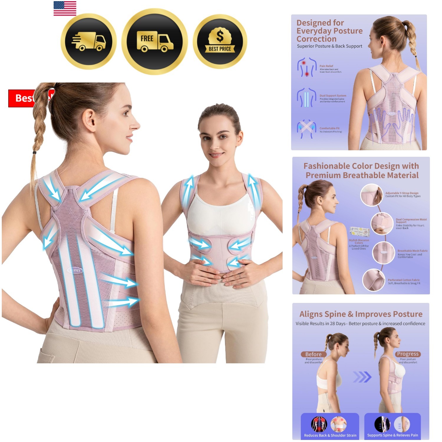 Posture Corrector for Women – 2-in-1 Back Brace with Shoulder Support, Adjust…