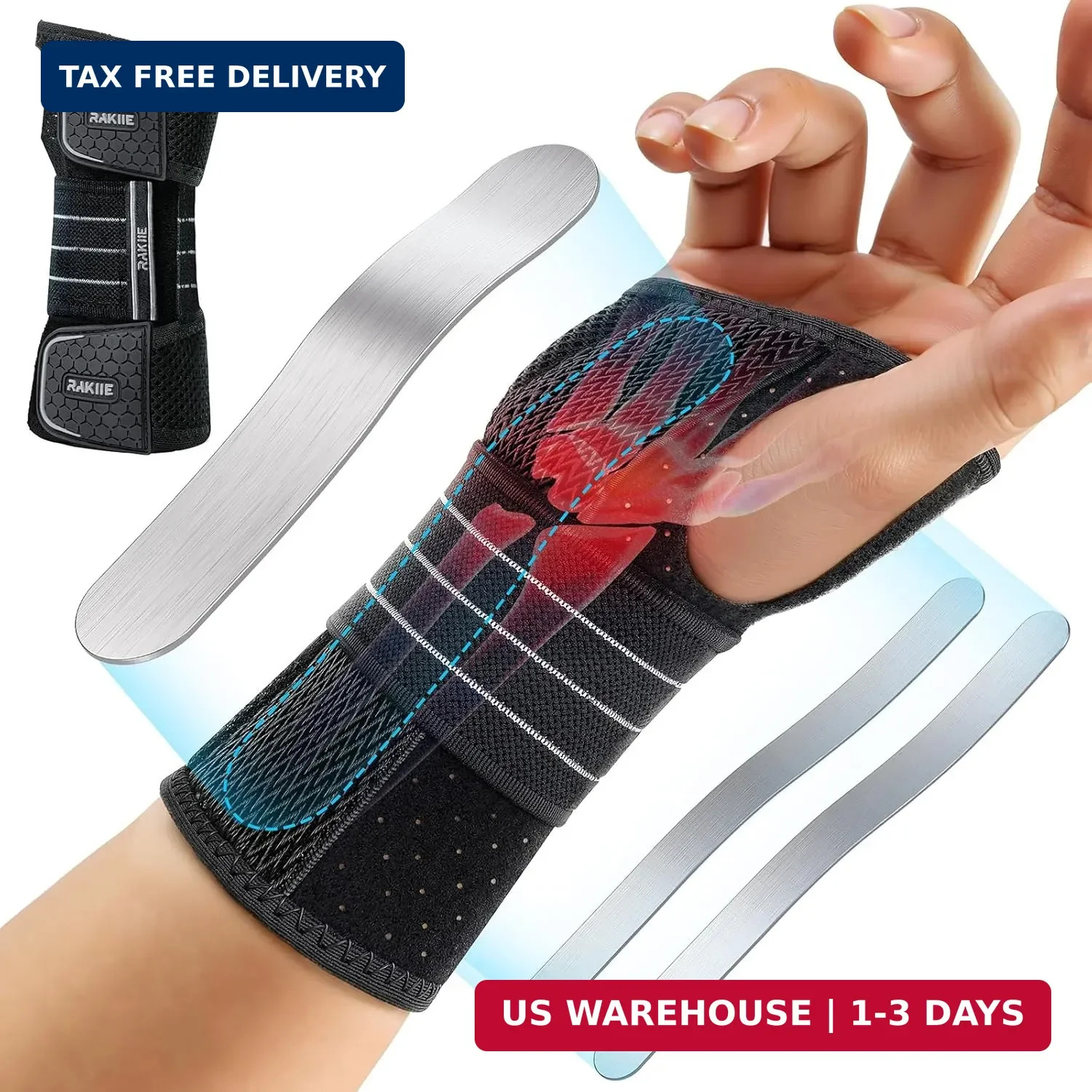 Rakiie Carpal Tunnel Wrist Brace – Ergonomic Night Support with 3 Metal Splints