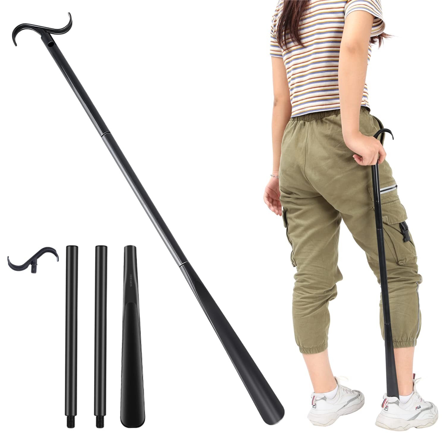 35″ Long Dressing Stick with Shoe Horn with Sock Removal Tool, Adjustable Ext…