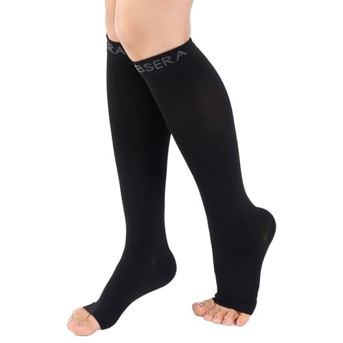 Open Toe Compression Socks for Women Men – 20-30 mmHg Toeless Knee Large Black