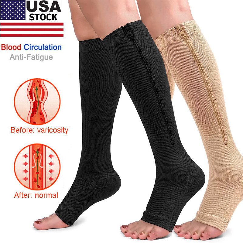 Men Women Zipper Compression Socks 20-30mmHg Open Toe for Varicose Vein Edema