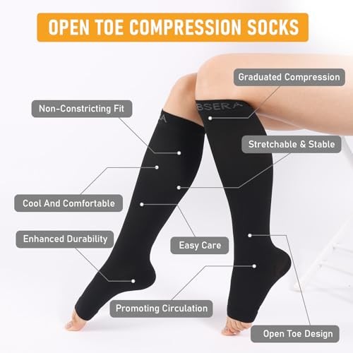 Open Toe Compression Socks for Women Men – 20-30 mmHg Toeless Knee Large Black