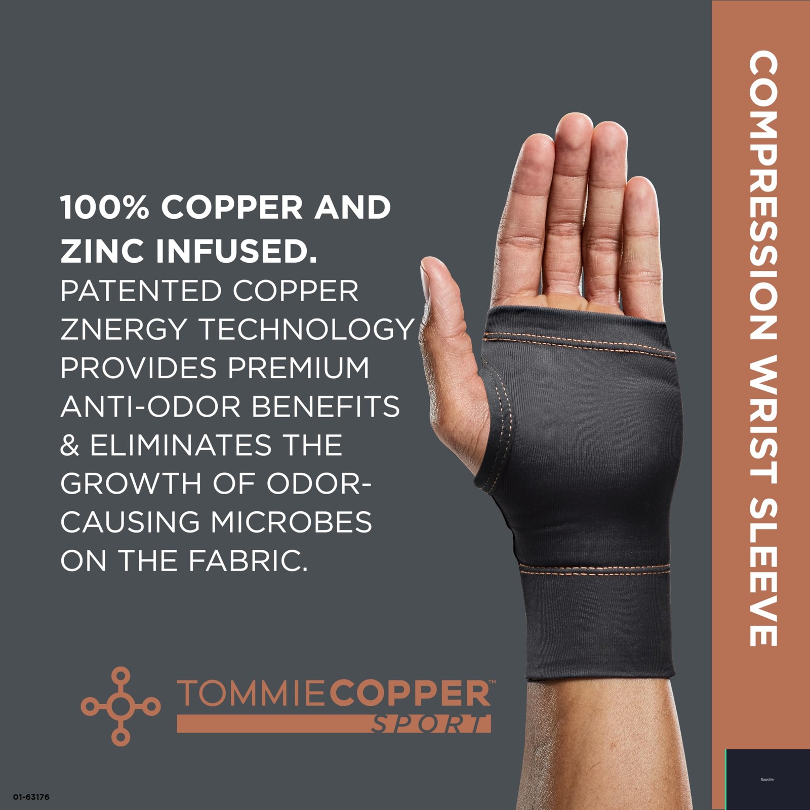 Wrist Compression Sleeve 15-20 mmHg Large XL Black Nylon Copper Infused