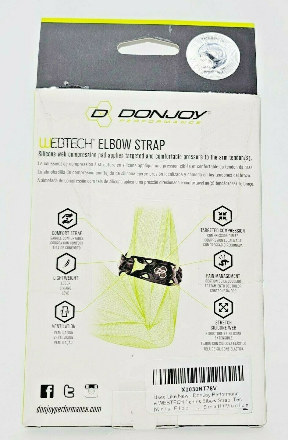 DonJoy Performance WEBTECH Silicone Web Tennis/ Golf Elbow Strap S/M Black