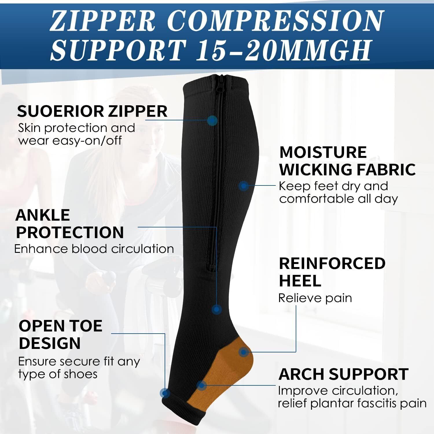 Opened Toe Stocking 15-20mmHg Compression Leg Calf Circulation Zipper Socks S-XL