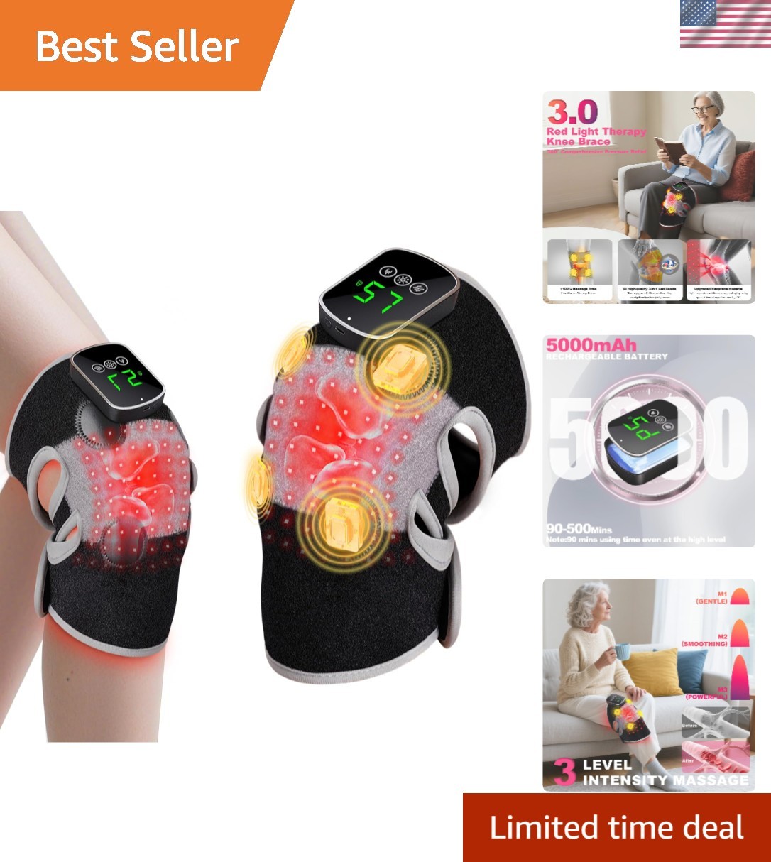 3-in- Red Light Therapy Knee Brace with 4 Vibration Massage Areas, 5000mAh Re…