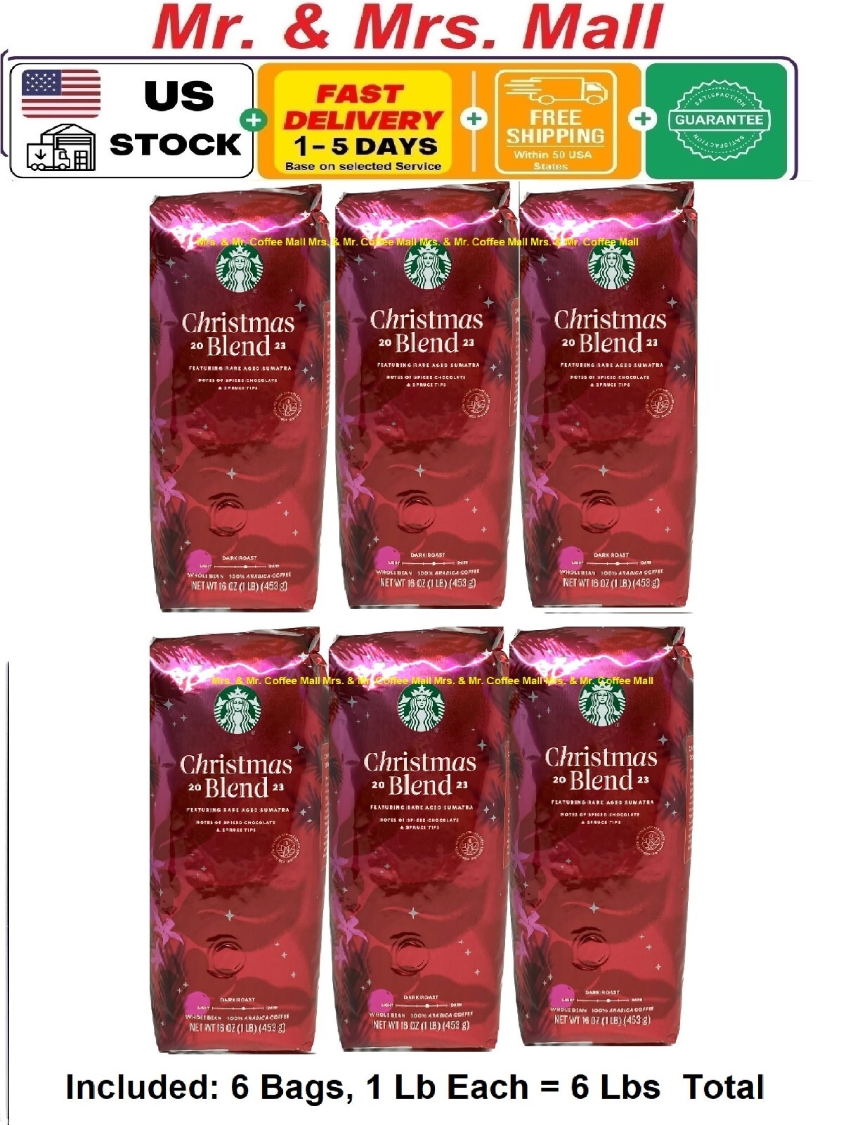 (6 PACK) Starbucks Christmas Blend 2023 Whole Bean Arabica Coffee BBD26MAR2024
