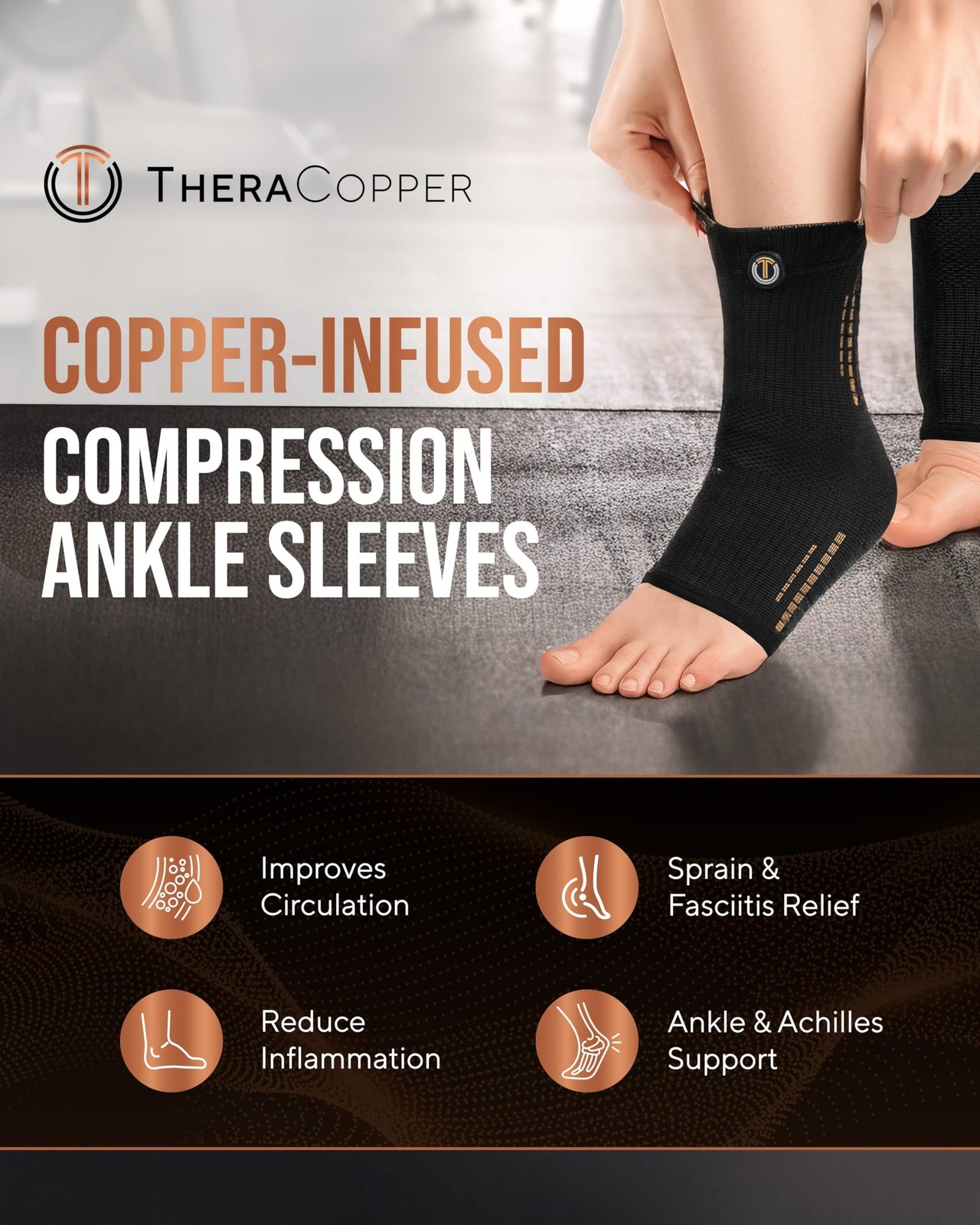 TheraCopper Copper Ankle Brace (2 Pack) — Compression Ankles Brace for Men & Wom