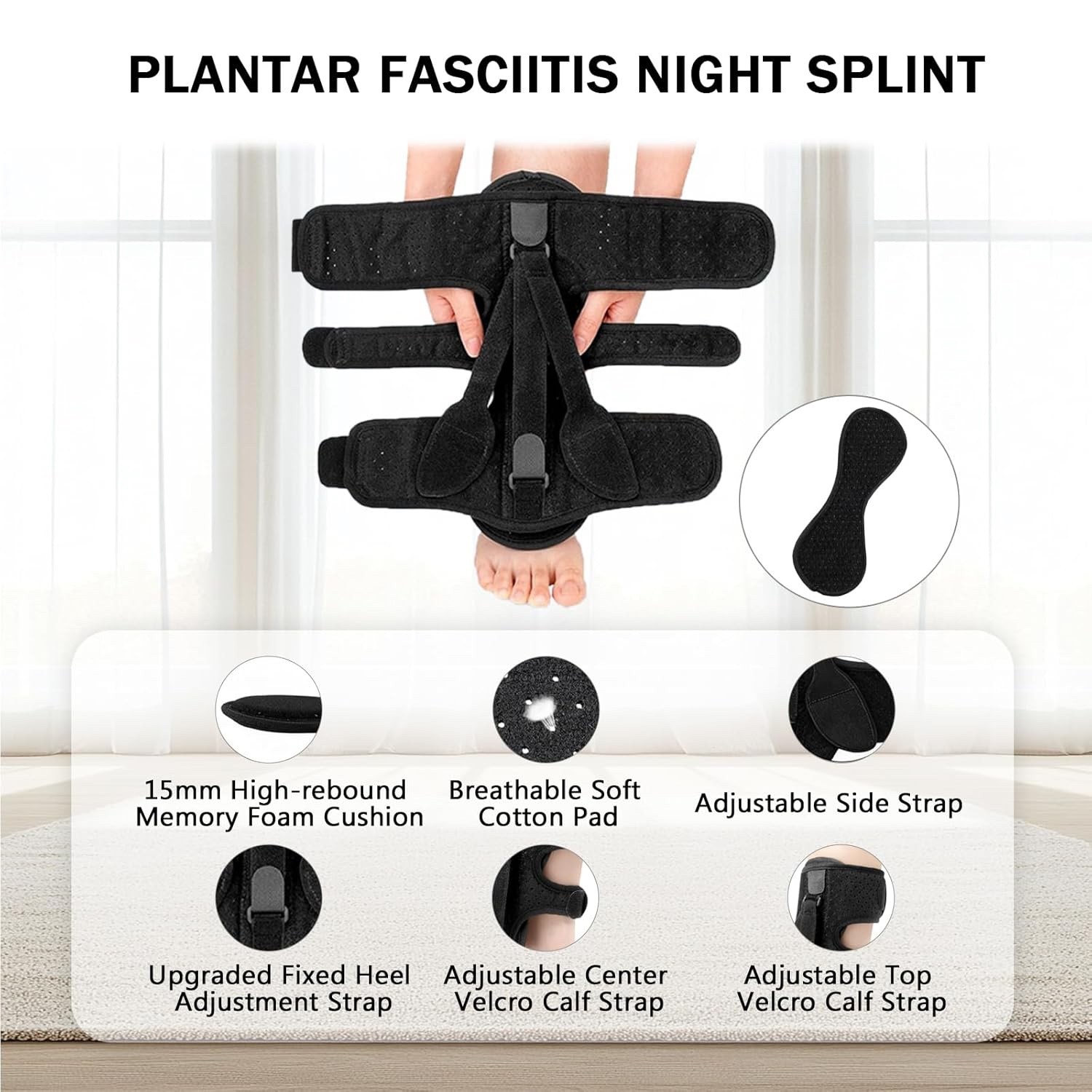 Plantar Fasciitis Night Splint, 3 Adjustable Straps – Adult/Unisex – Black