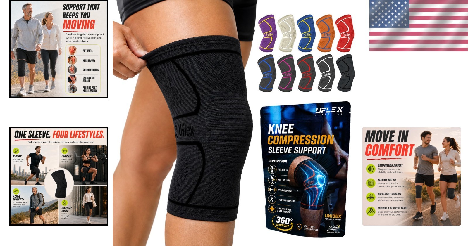 Black Knee Support Wraps with Non-Slip Grip for Enhanced Stability & Pain Relief