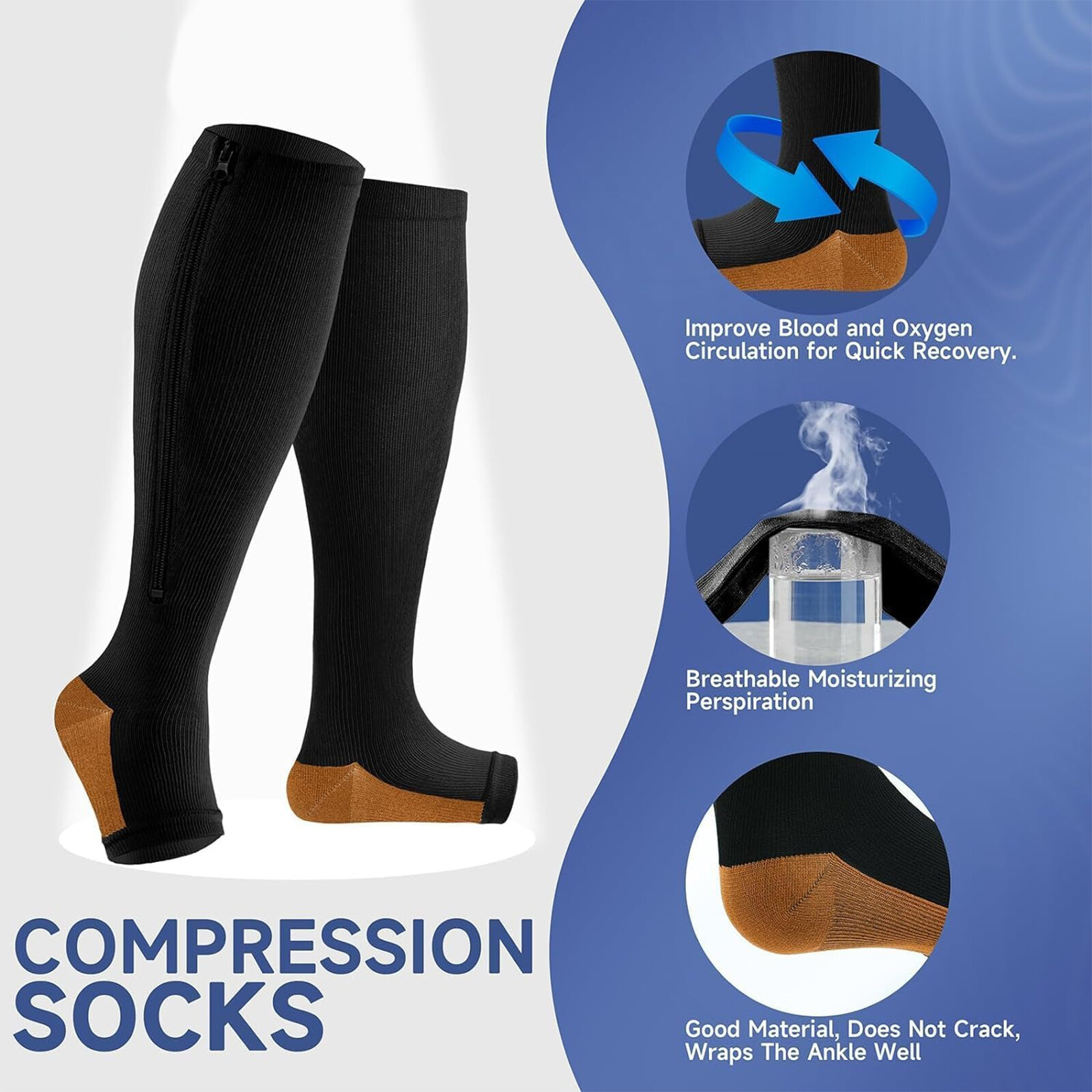 Open Toe Zipper Compression Socks 20-30mmHg Calf Leg Ankle Support Stocking