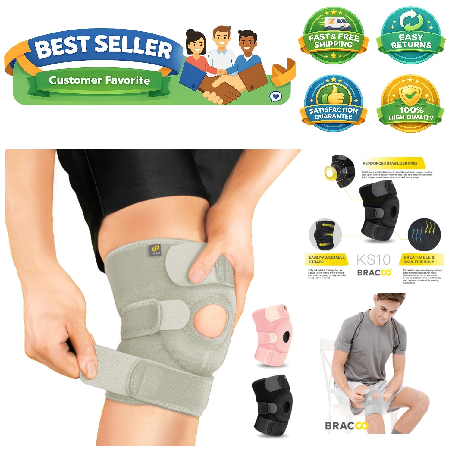 Knee Support Brace for Men Women, Adjustable Compression Sleeve Wrap Patellar…