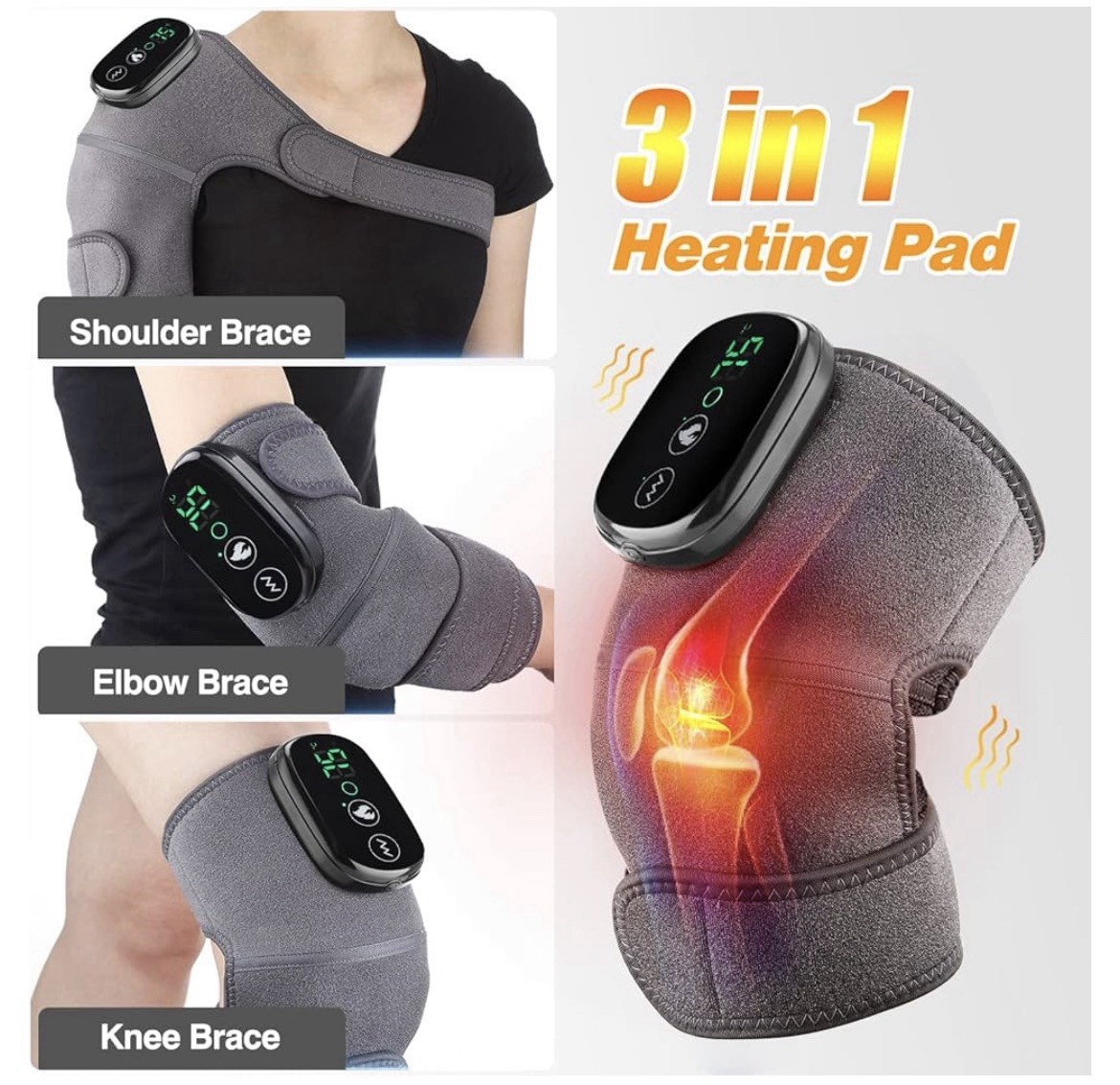 MOAJAZA Cordless Heated Vibrating Knee Brace Wrap Rechargeable Adjustable Gray