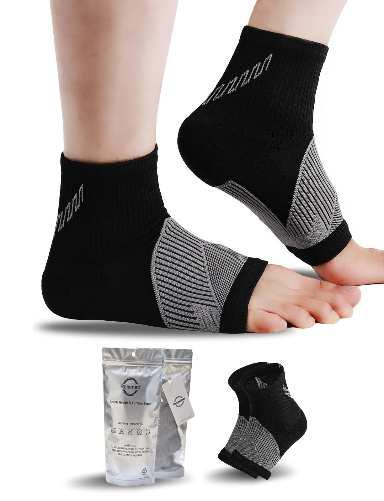 Rolxmed Ankle Compression Sleeve Elastic Wrap Support Brace Large, Black