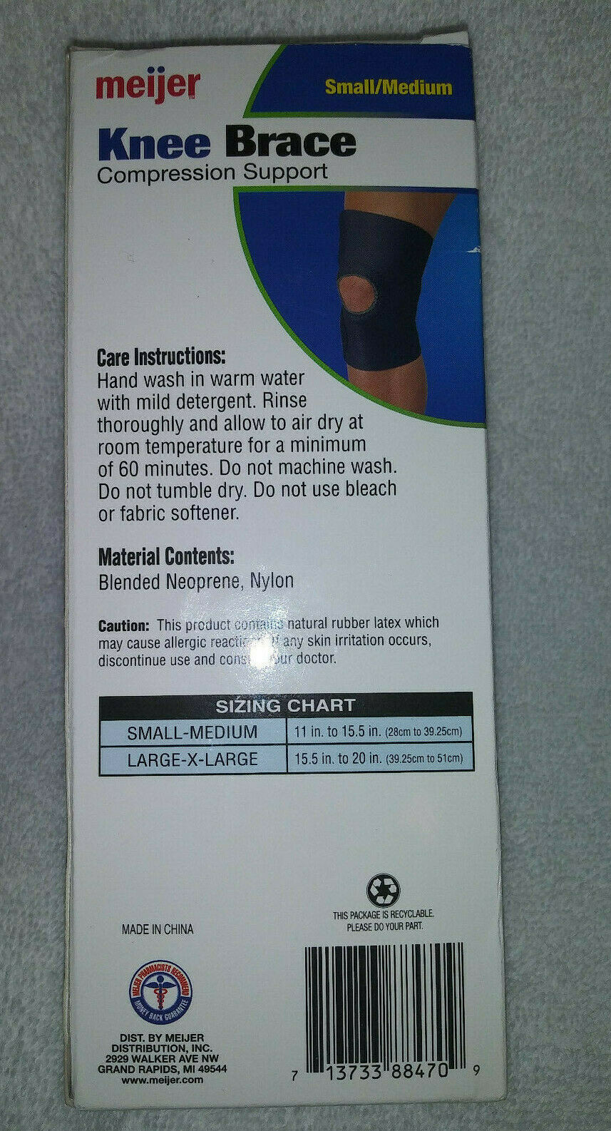Meijer Compression Knee Brace Support Sleeve Sm / Med NEW