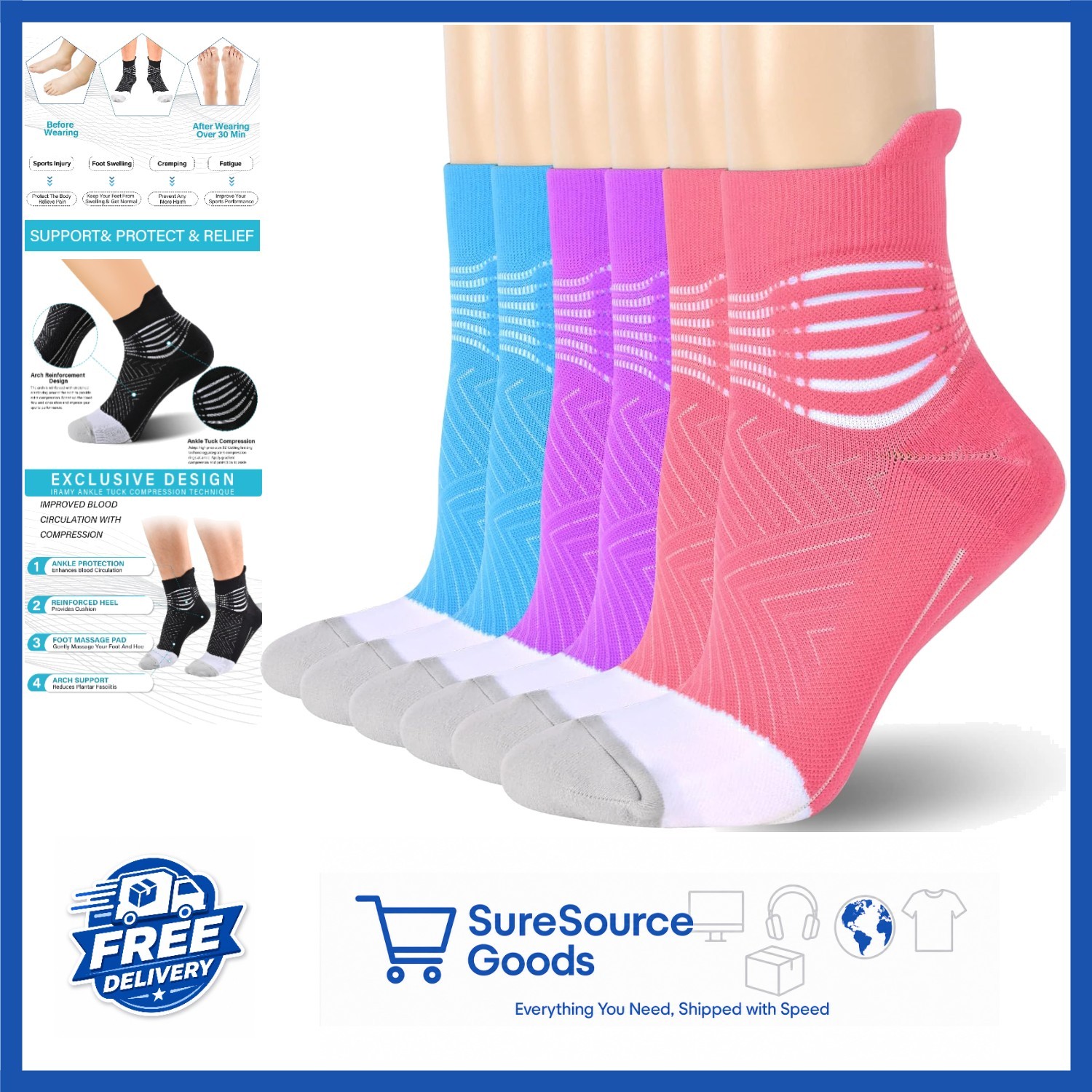 Athletic Compression Ankle Socks for Women 3 Pairs Plantar Fasciitis Relief