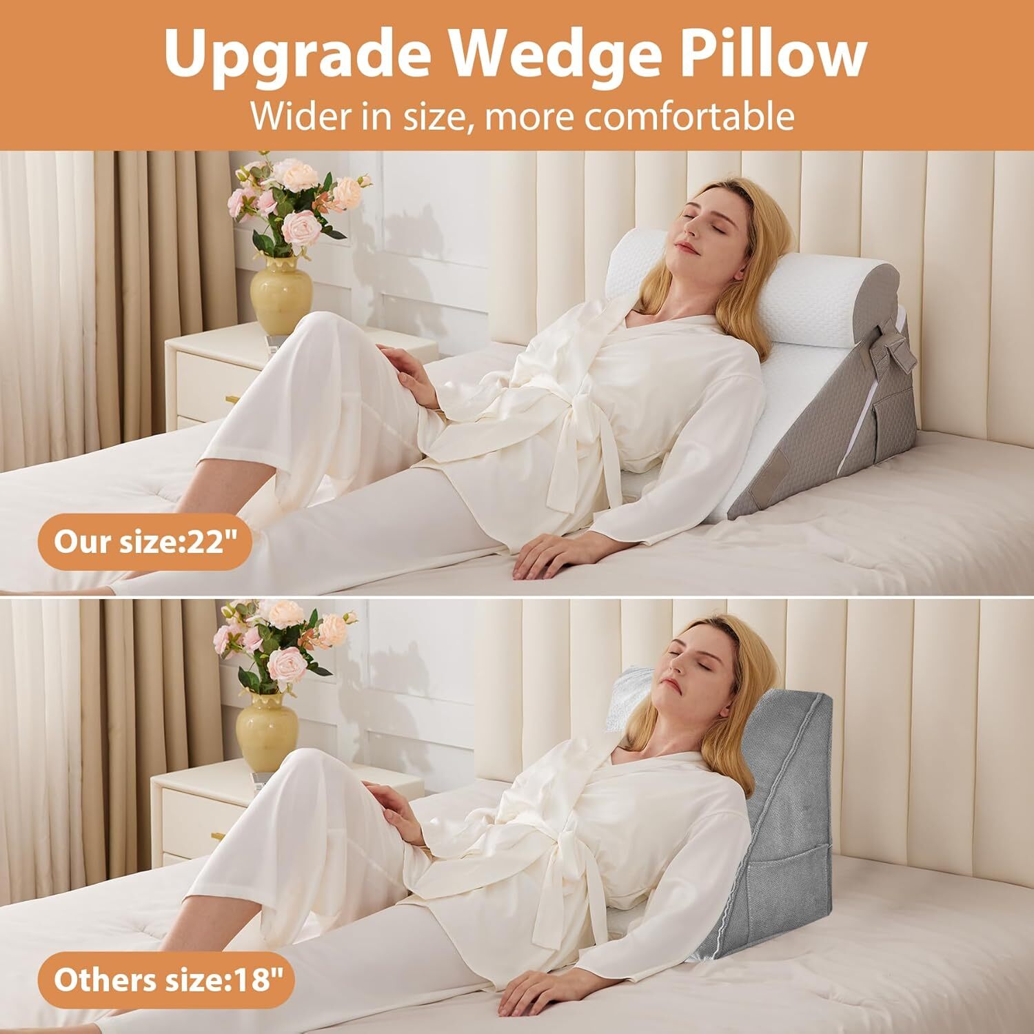 Bed Wedge Pillow for Sleeping 3Pcs, Adjustable Wedge+1 Pillow, White/Grey .