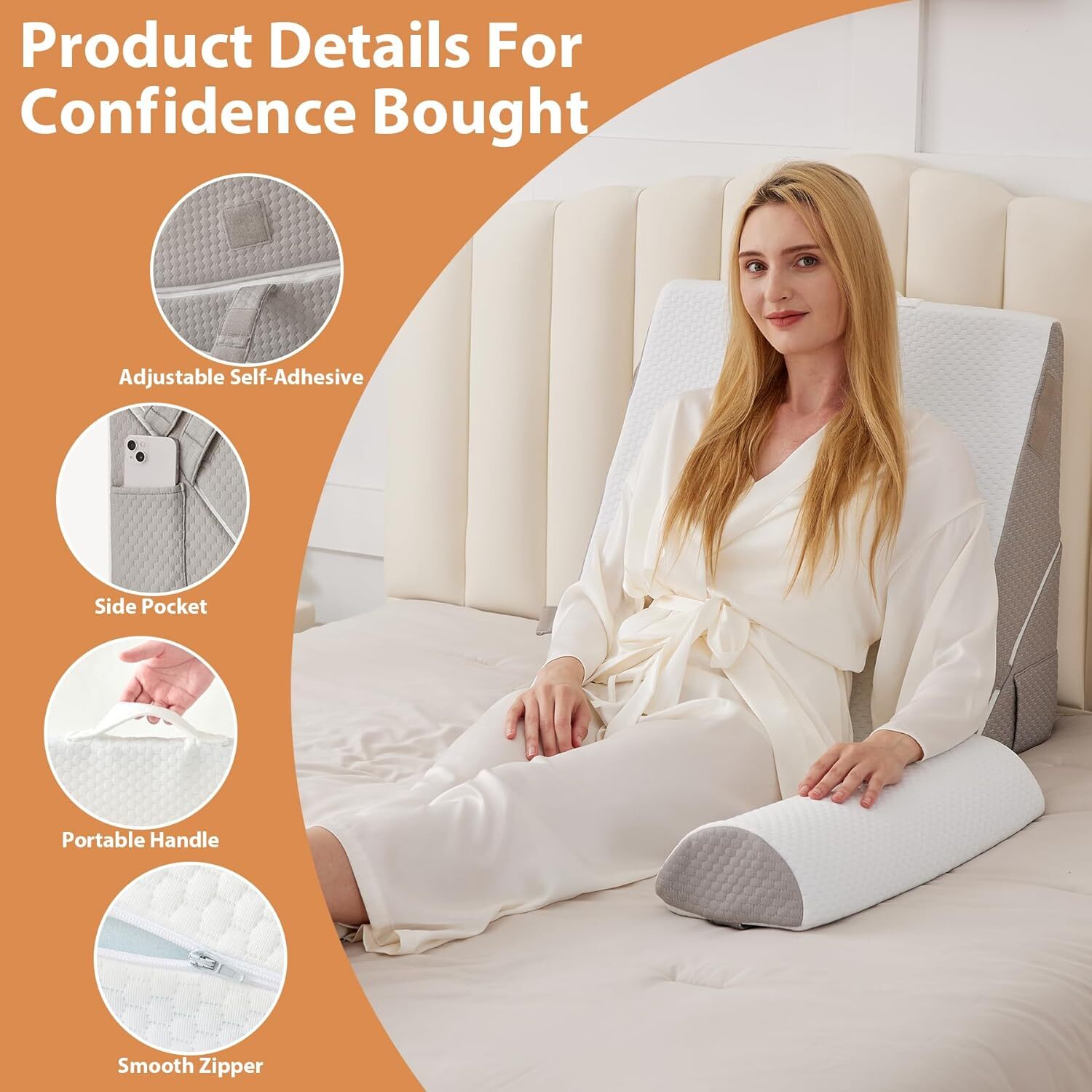 Bed Wedge Pillow for Sleeping 3Pcs, Adjustable Wedge+1 Pillow, White/Grey .