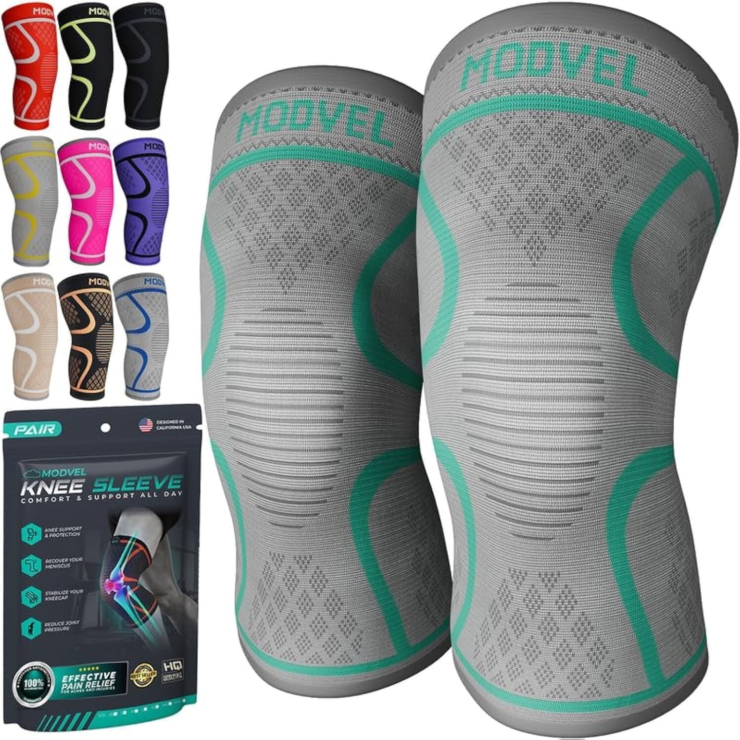 KNEE BRACE 2 Pack Modvel – Workout Compression Sleeve, Unisex, XL, choose color