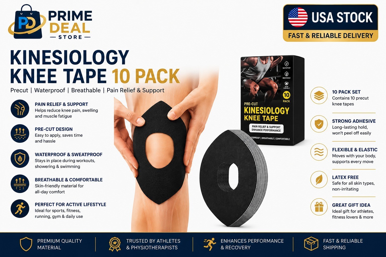 Precut Kinesiology Knee Tape 10 Pack Pain Relief Support Sports Therapy Tape