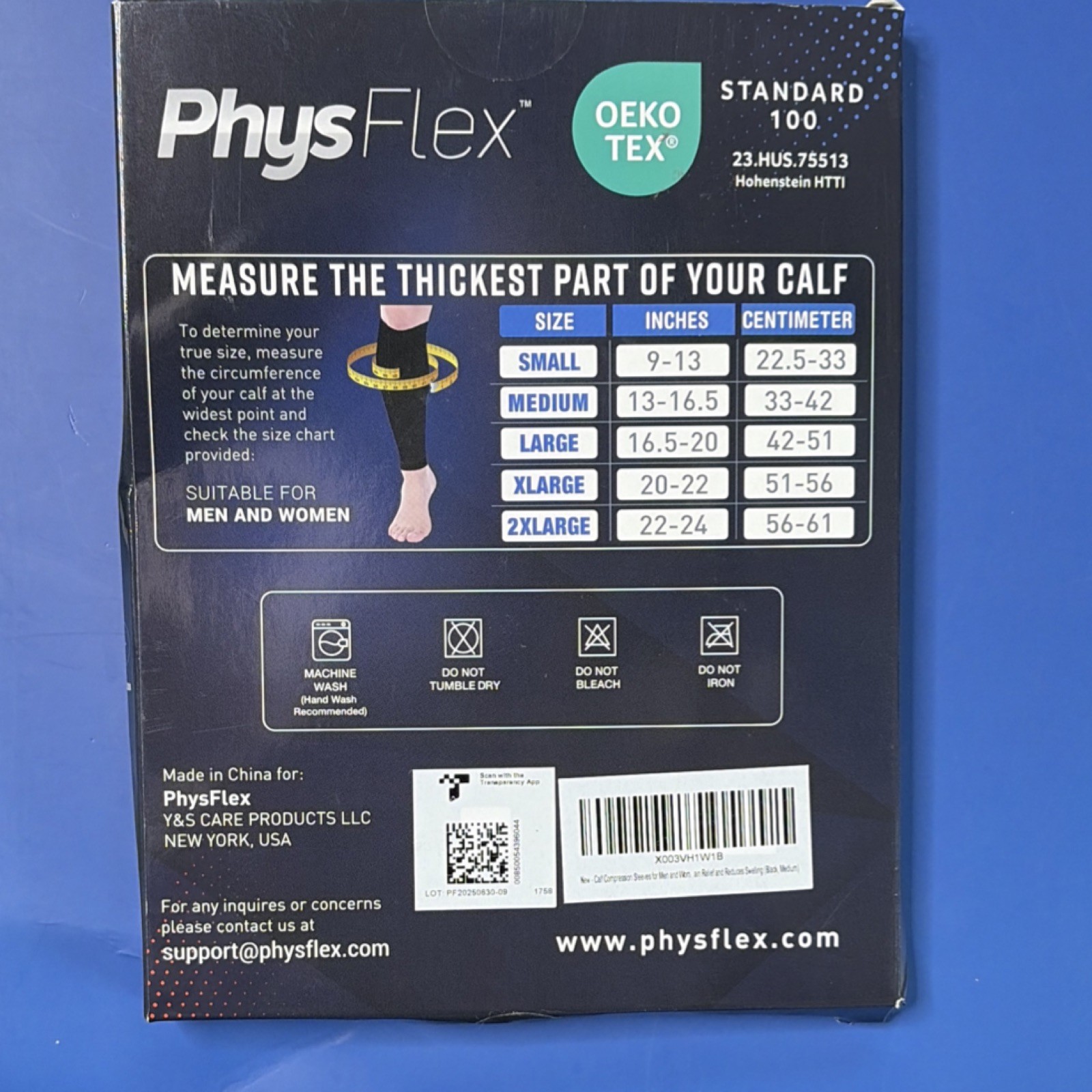 PhysFlex Compression Calf Sleeve M Black OEKO-TEX Support Breathable Unisex