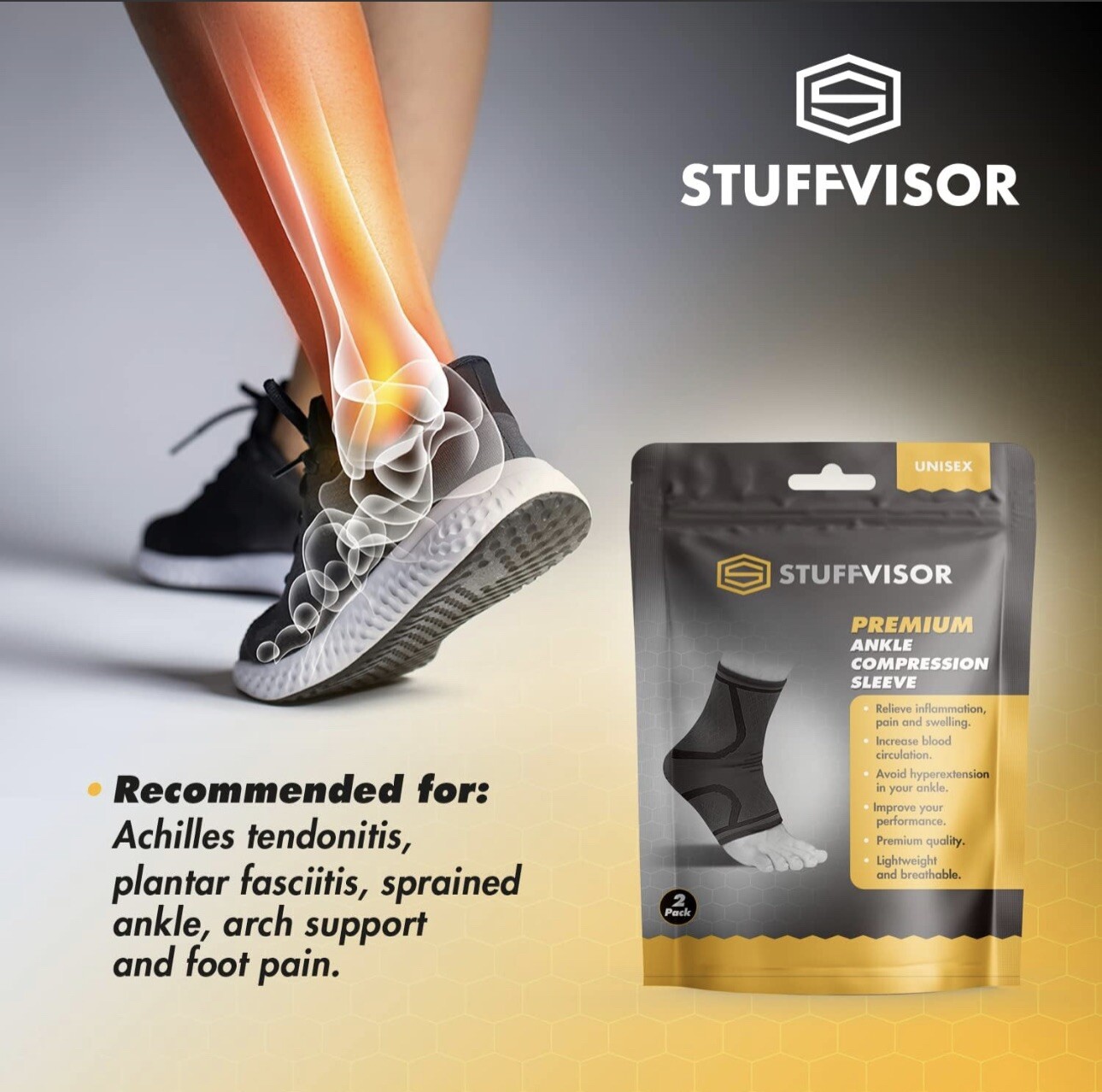 Stuffvisor Ankle & Foot Compression Sleeve, Socks for Maximum Support, Small 2PK