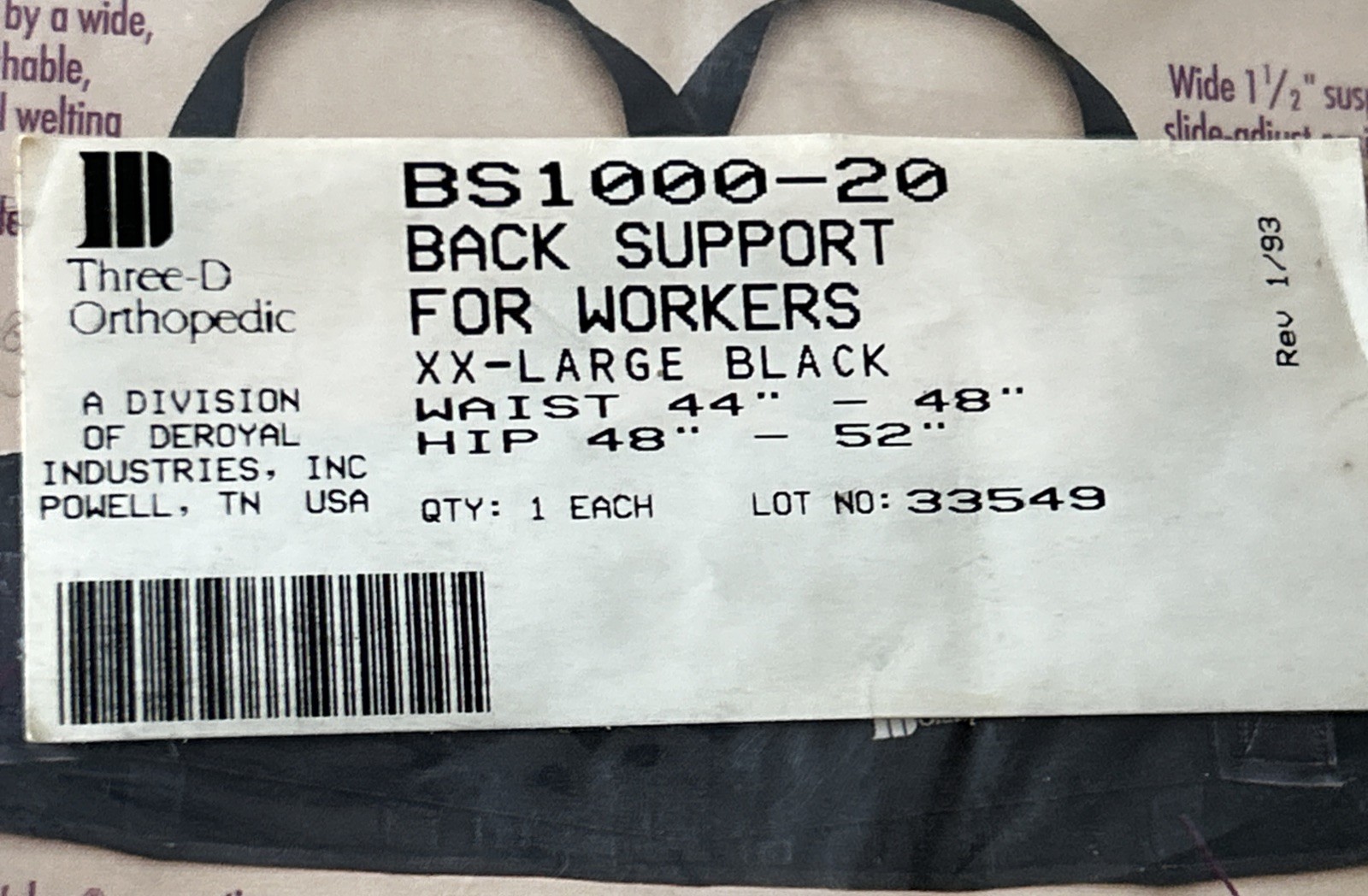DeRoyal Three-D Orthopedic Worker’s Back Support XXL Black NEW