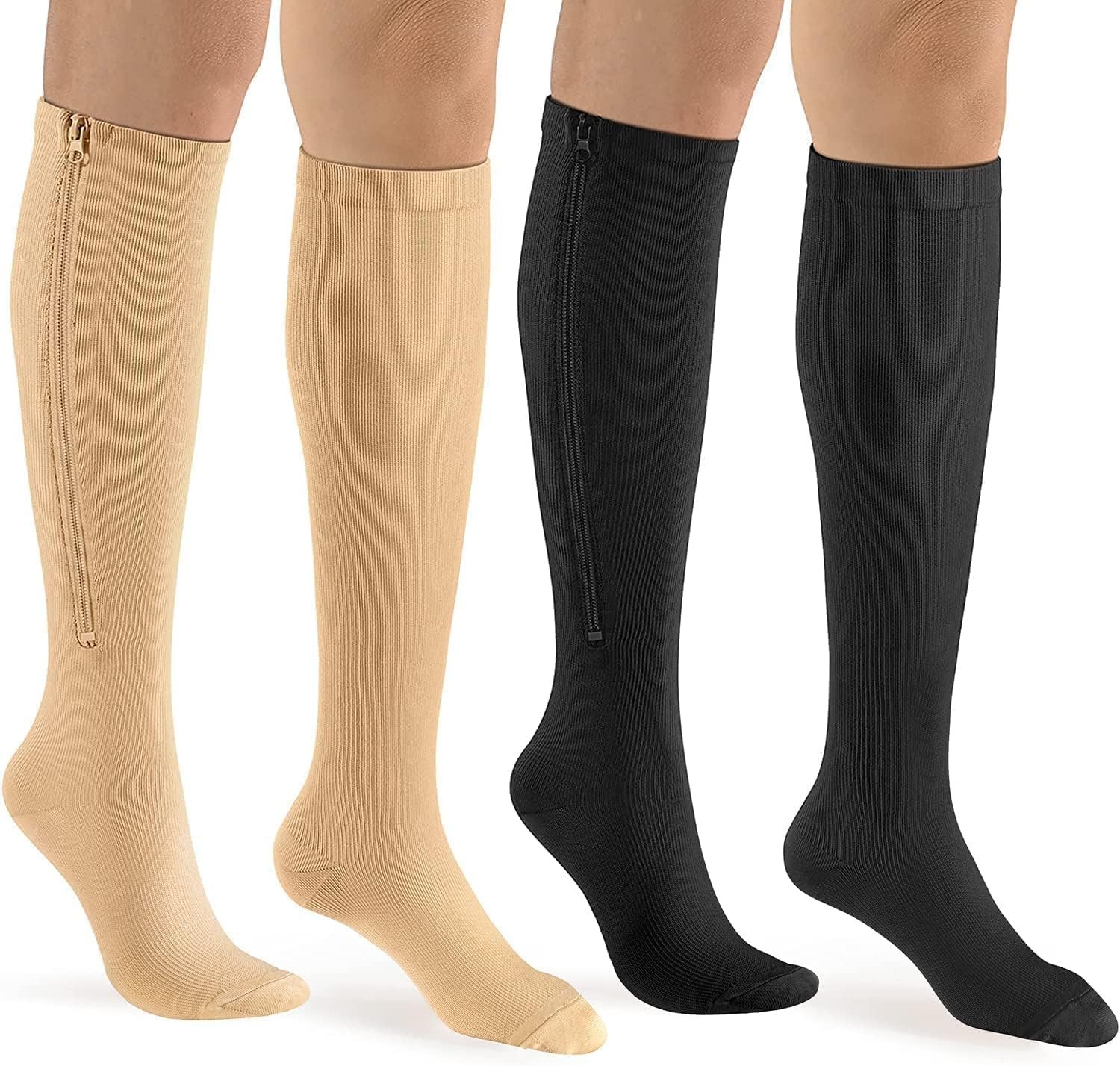 2 Pairs Zipper Close Toe Compression Socks Men Women 1520mmHg Knee High Nurse