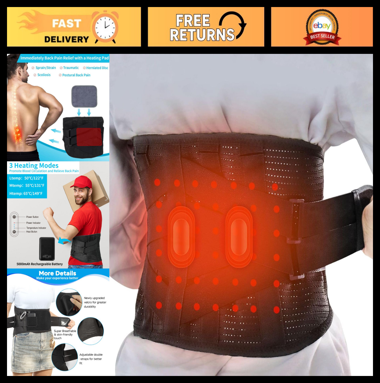 Heated Back Support Belt – Breathable Lumbar Brace with Heating Pad for Pain Rel