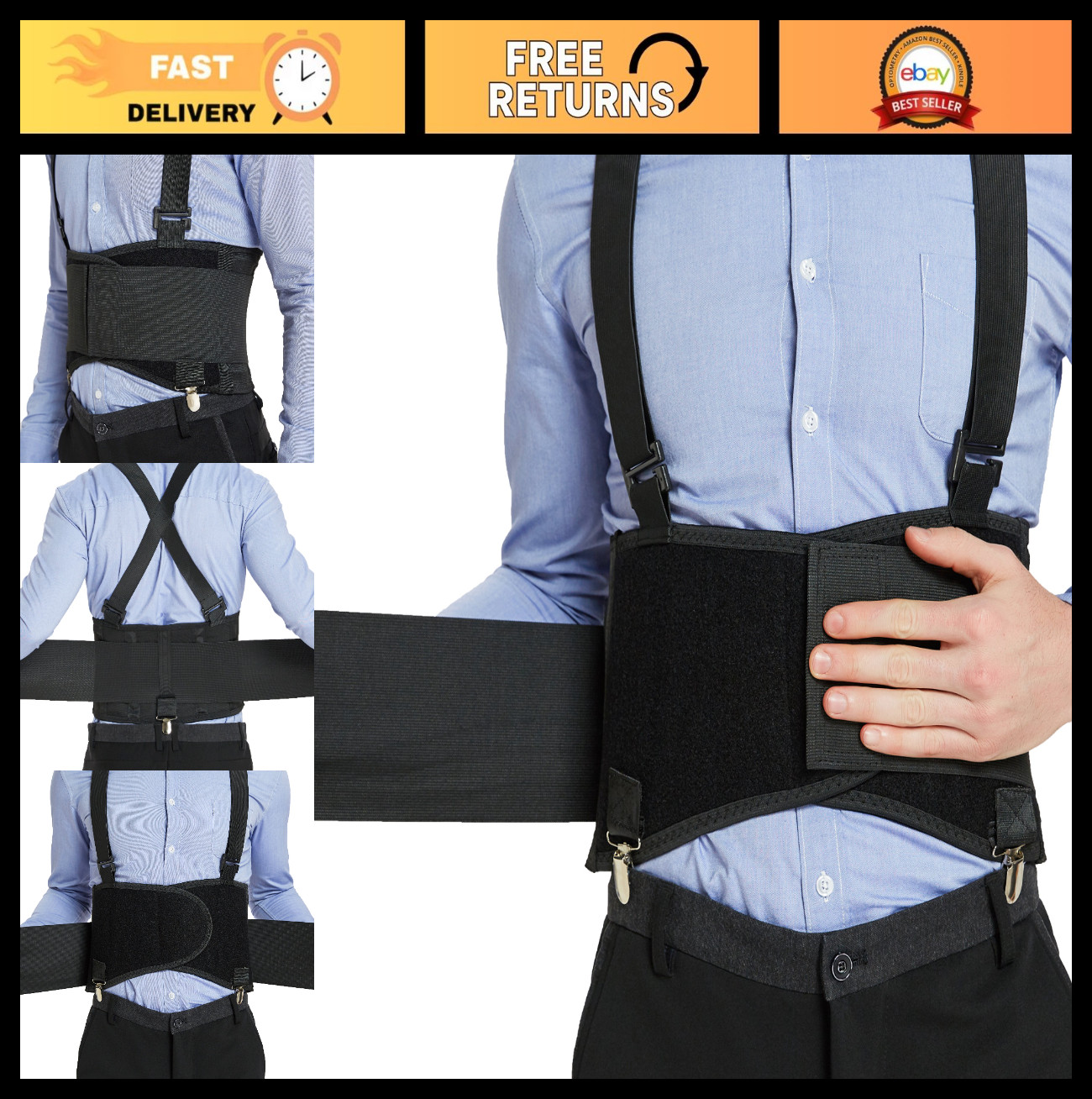 Adjustable Back Support Belt with Removable Clips & Suspenders – Lightweight, Br