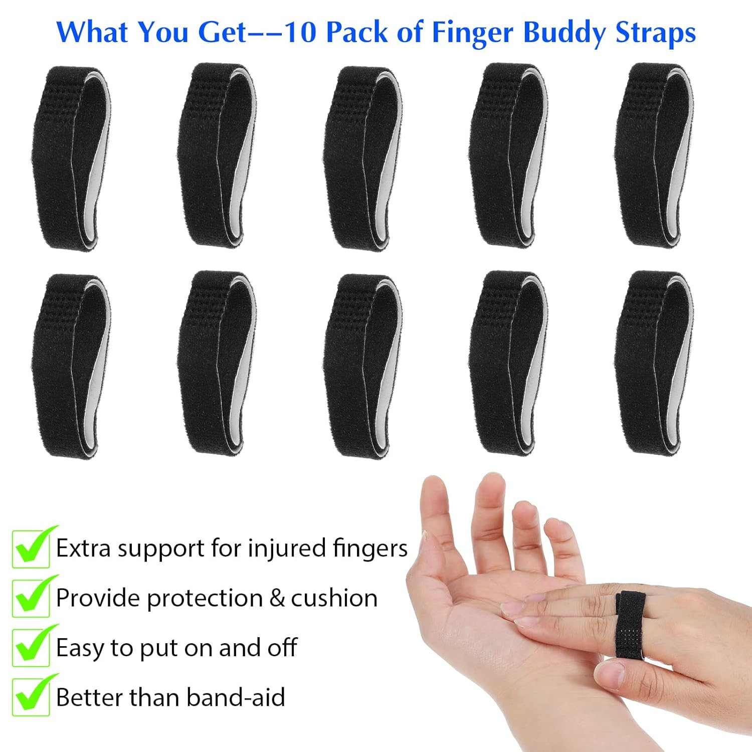 Tyqour 10 Pack Hook and Loop Finger Wrap, Washable and Reusable Buddy Straps for