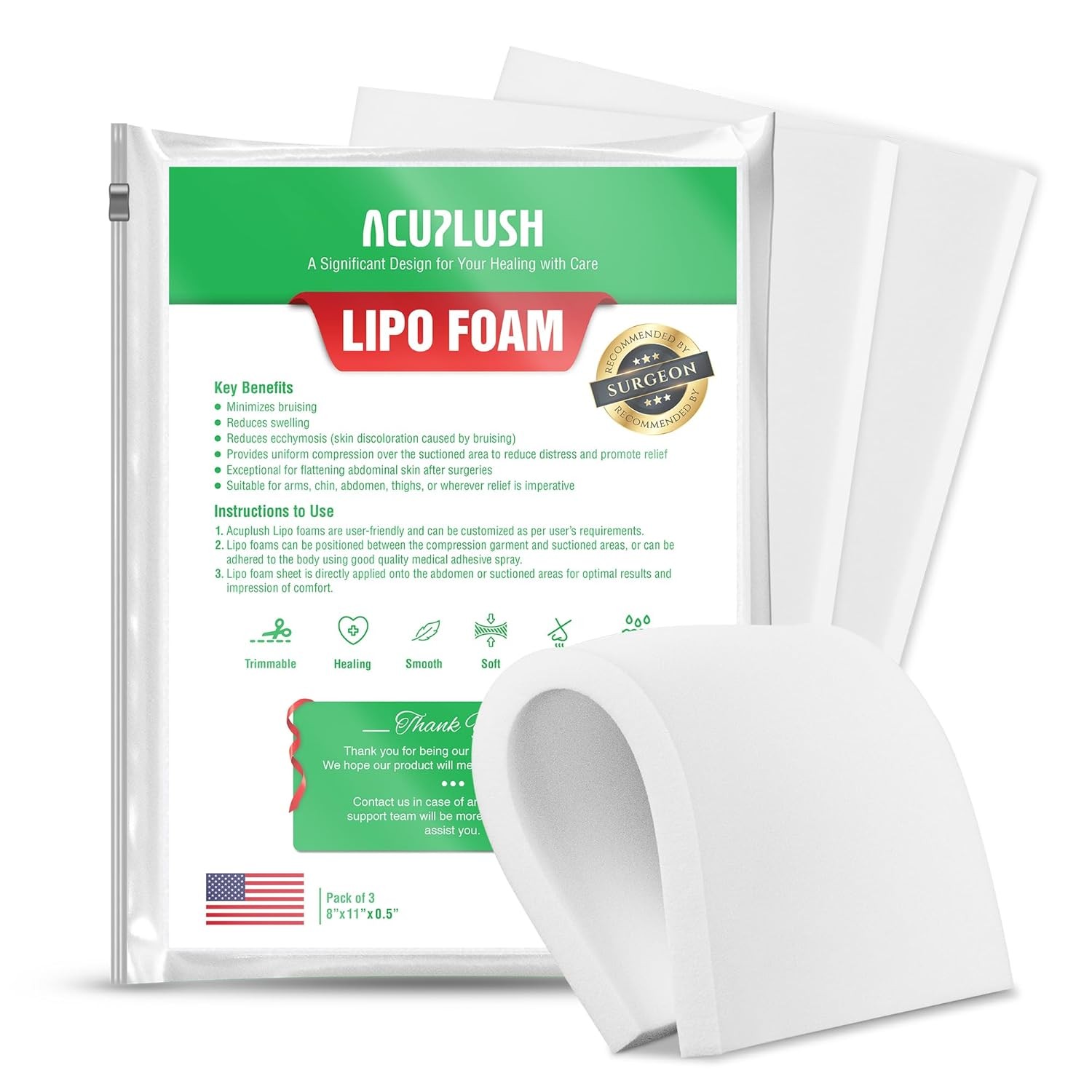 3 Pack Lipo Foam Pads – Post Surgery Ab Board for 8 x 11 x 0.5 inches