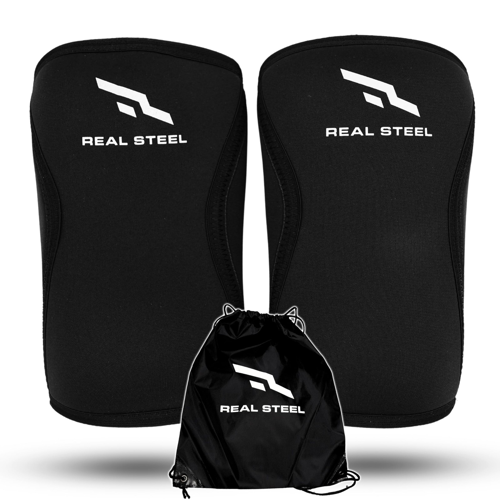 Real Steel Knee Sleeves (1 Pair) With Gym Bag – 7mm Large, Black