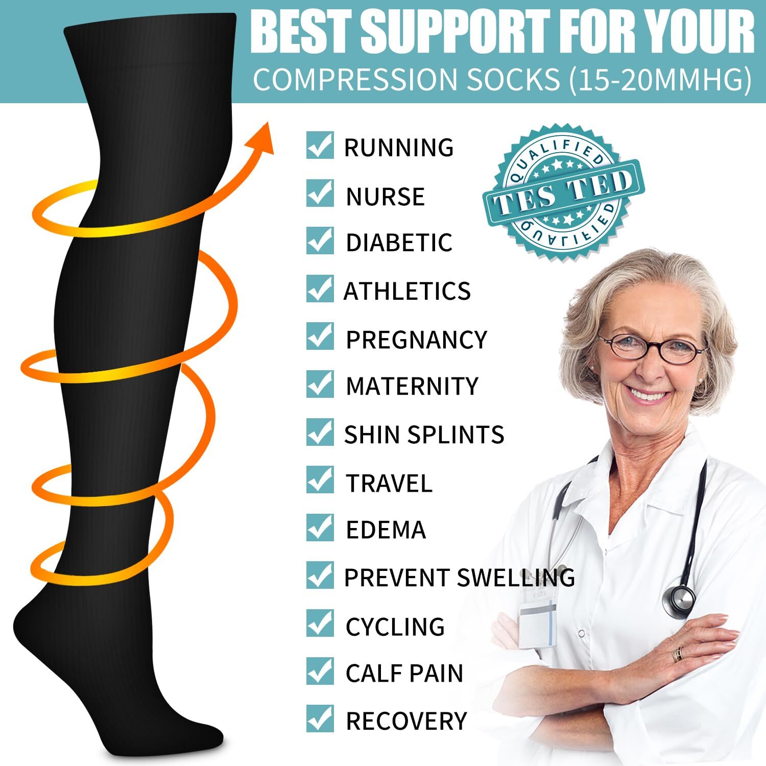 3 Pairs Thigh High Compression Socks for Men & Women, Black, L-XL, Over Knee